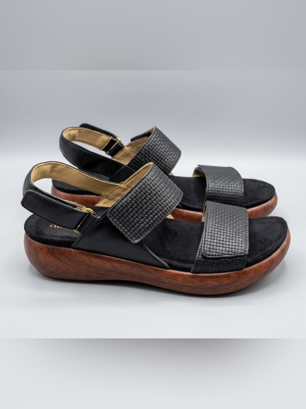 Alegria Black Textured-Strap Wood-Look Platform Sandals
